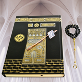 AzanClk Premium Kaaba Design Holy Quran Gift Set – Elegant Quran with Black Aqiq Tasbih Prayer Beads & Kufic IQRA Bookmark – Luxury Islamic Gift for Ramadan, Eid, Zikr, Meditation, Home or Mosque