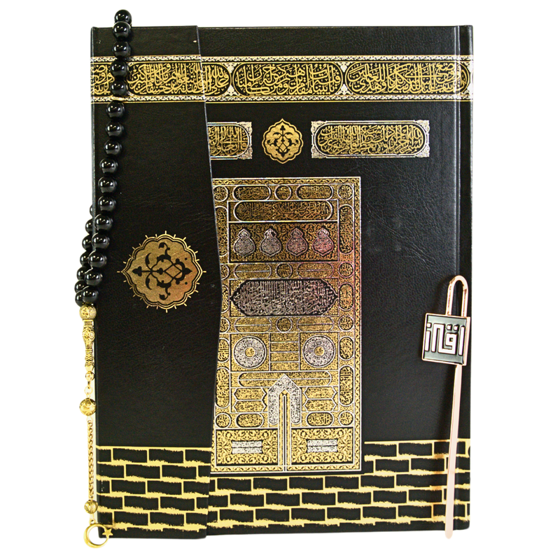 AzanClk Premium Kaaba Design Holy Quran Gift Set – Elegant Quran with Black Aqiq Tasbih Prayer Beads & Kufic IQRA Bookmark – Luxury Islamic Gift for Ramadan, Eid, Zikr, Meditation, Home or Mosque